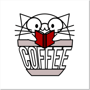 Cat in coffee cup with warped text reading book wearing glasses Posters and Art